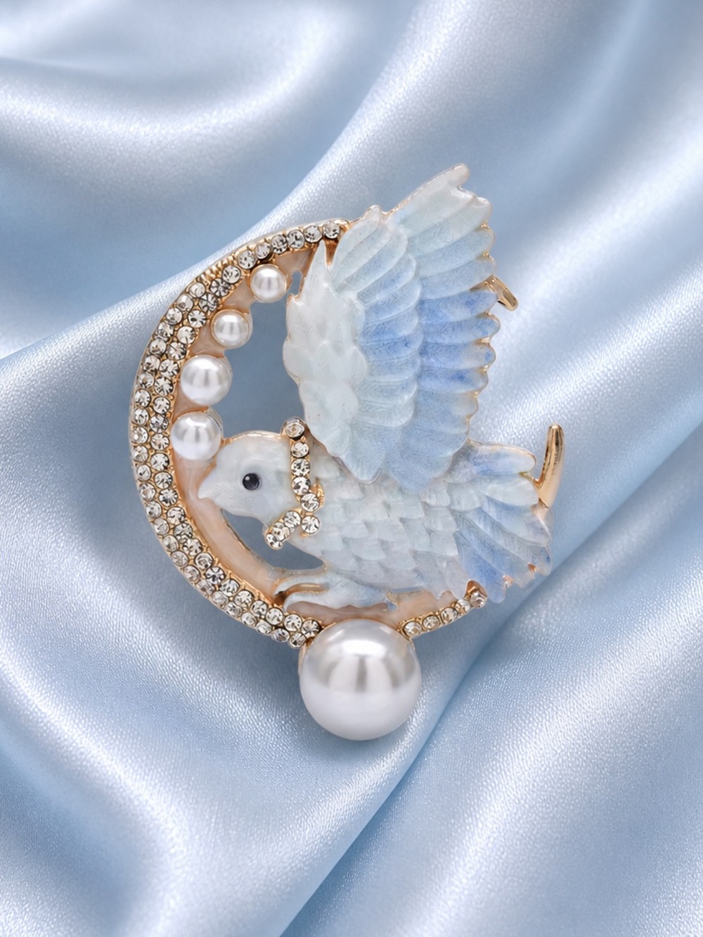 Celestial Classy White Bird Pearl Crystal Gold Brooch